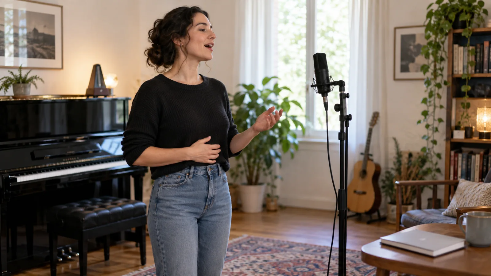 Una cantante practica en una sala de ensayo con un micrófono y un piano.