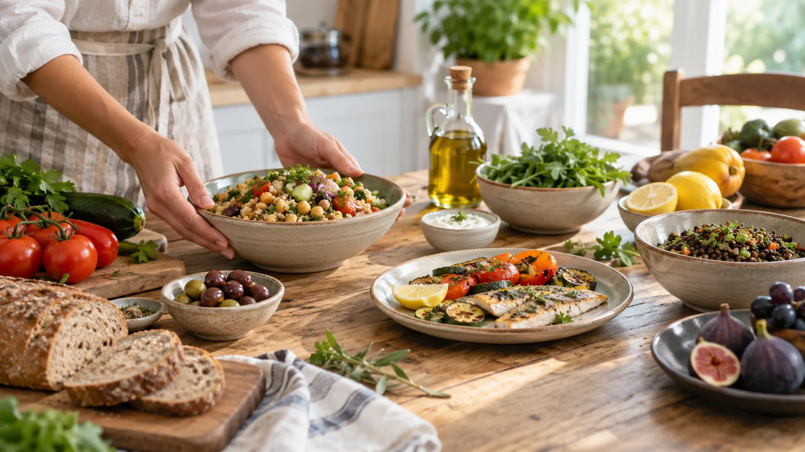 Una persona prepara una comida con legumbres, verduras, pescado y aceite de oliva en una cocina luminosa.