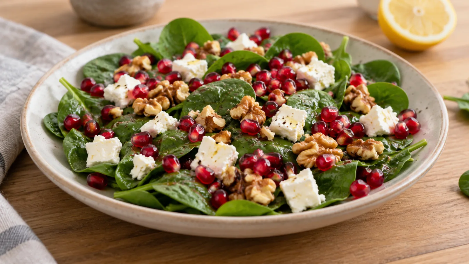 Salat aus Blattspinat mit Granatapfelkernen, Walnüssen und Käsewürfeln auf einem Teller