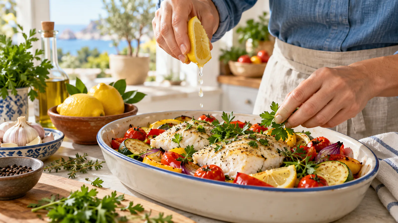 Uma pessoa acrescenta limão e salsa a um prato de peixe assado com verduras