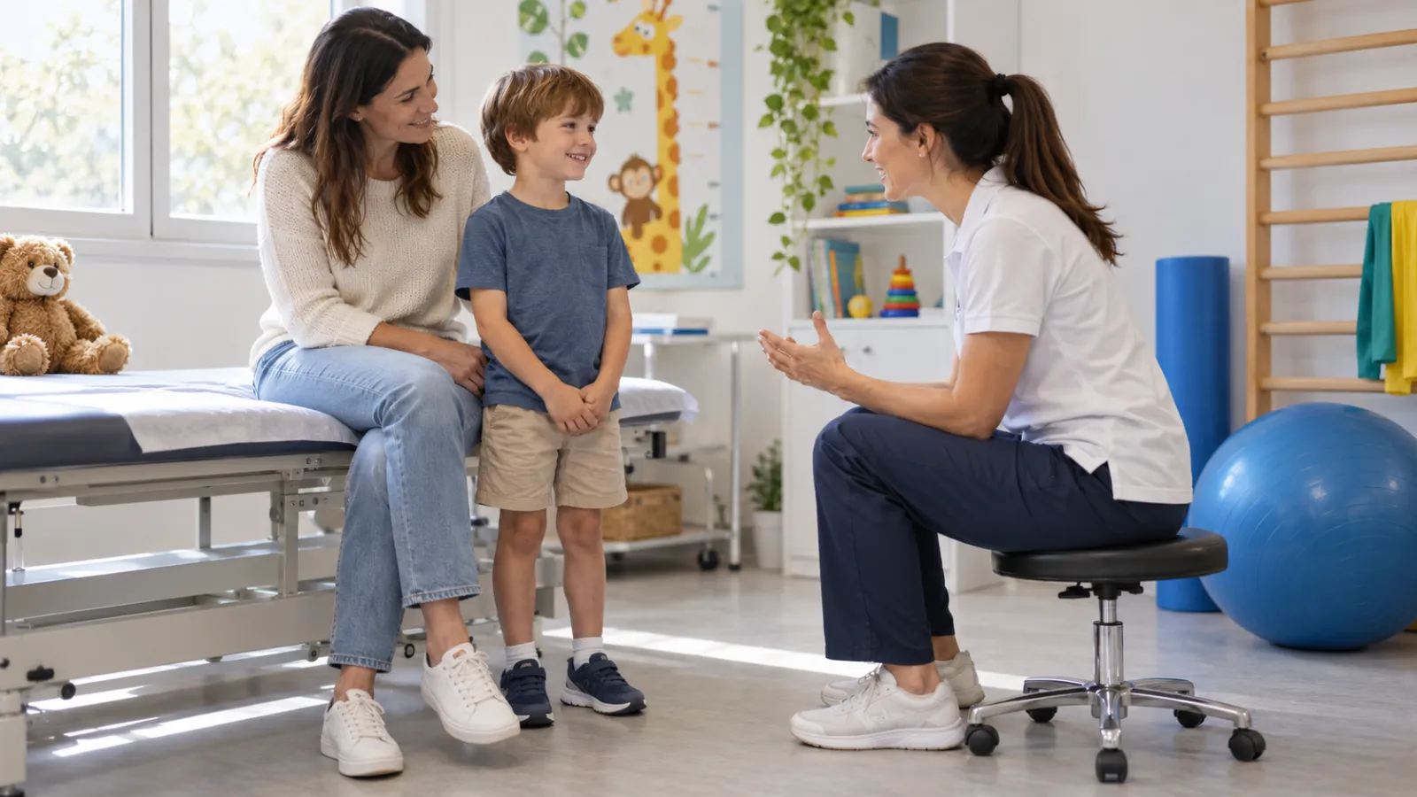 Una madre y su hijo conversan con una fisioterapeuta en una consulta infantil.