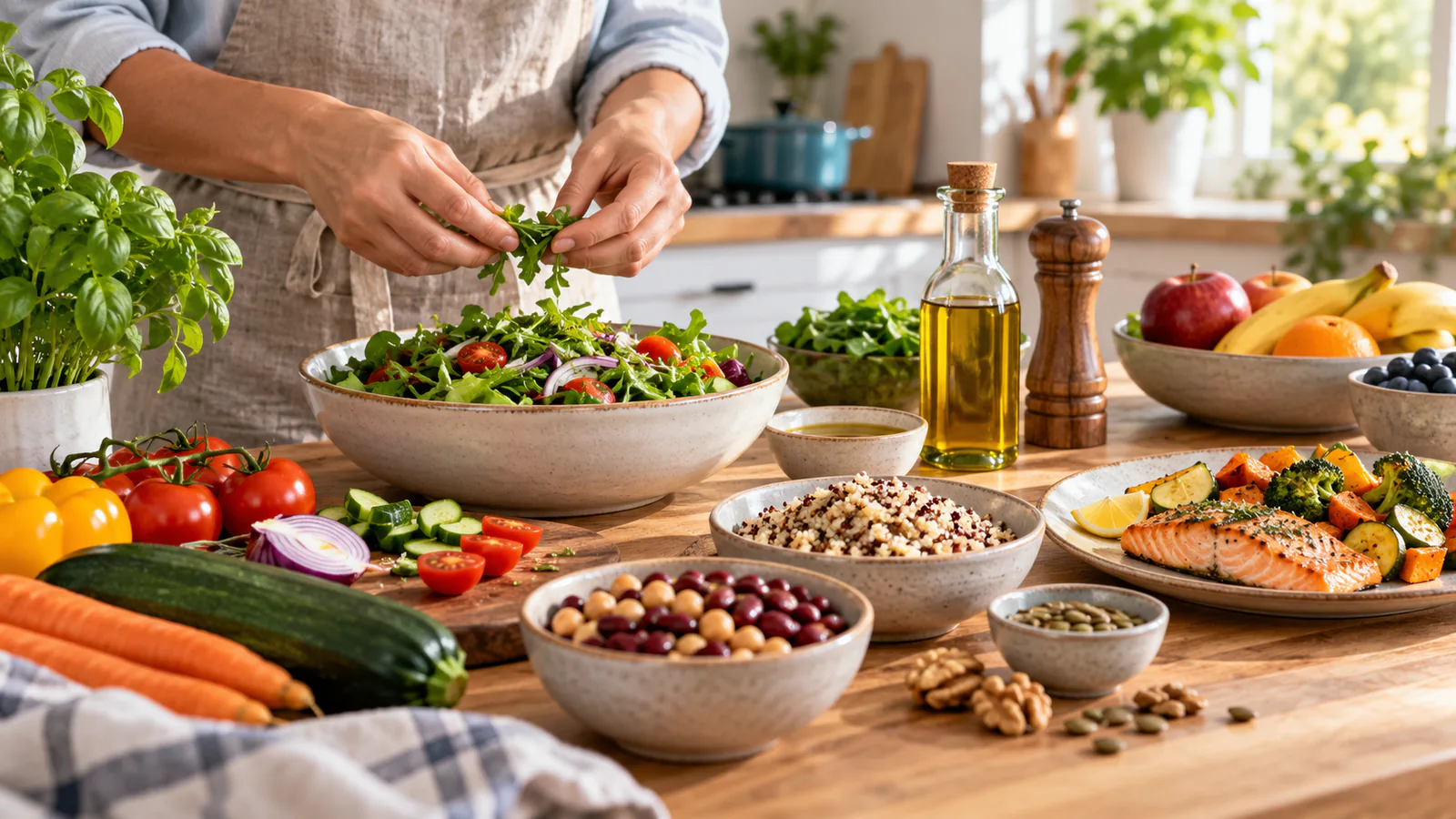 Manos preparando una ensalada mientras hay verduras, legumbres, cereales, fruta y un plato casero en la mesa.