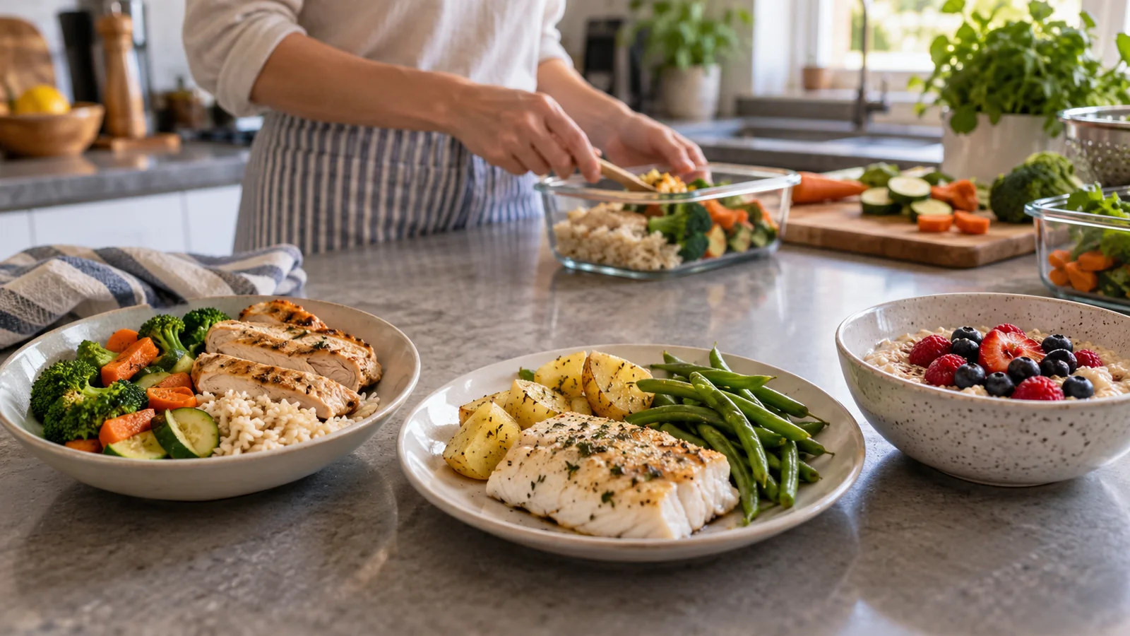 Tre piatti fatti in casa: riso con pollo, pesce con verdure e avena con frutta