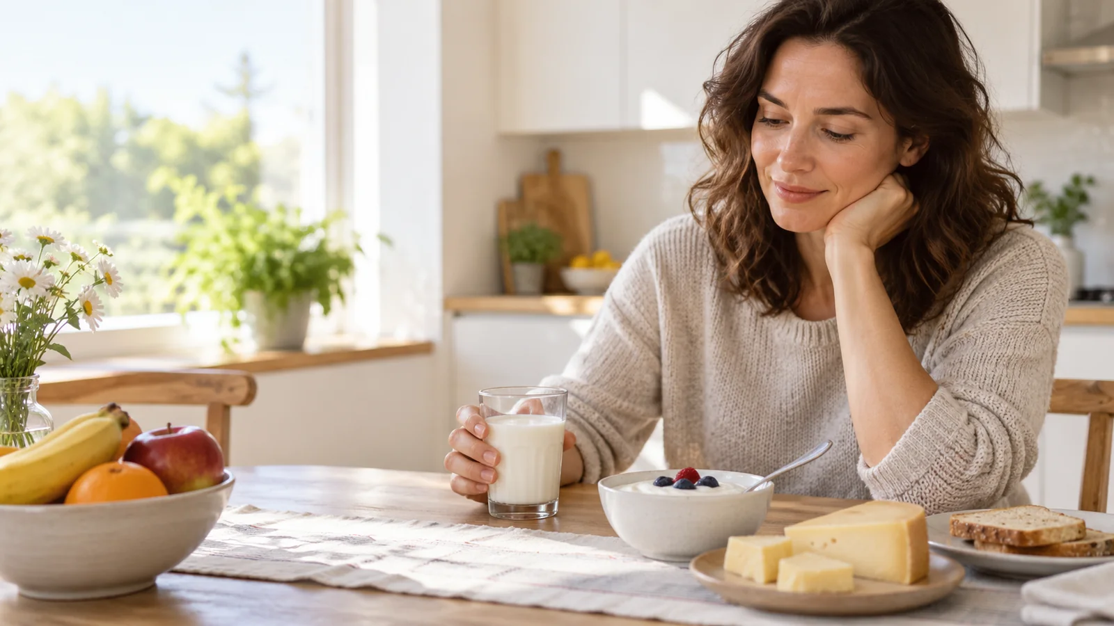 Um adulto olha para um copo de leite, iogurte natural e queijo curado à mesa do café da manhã