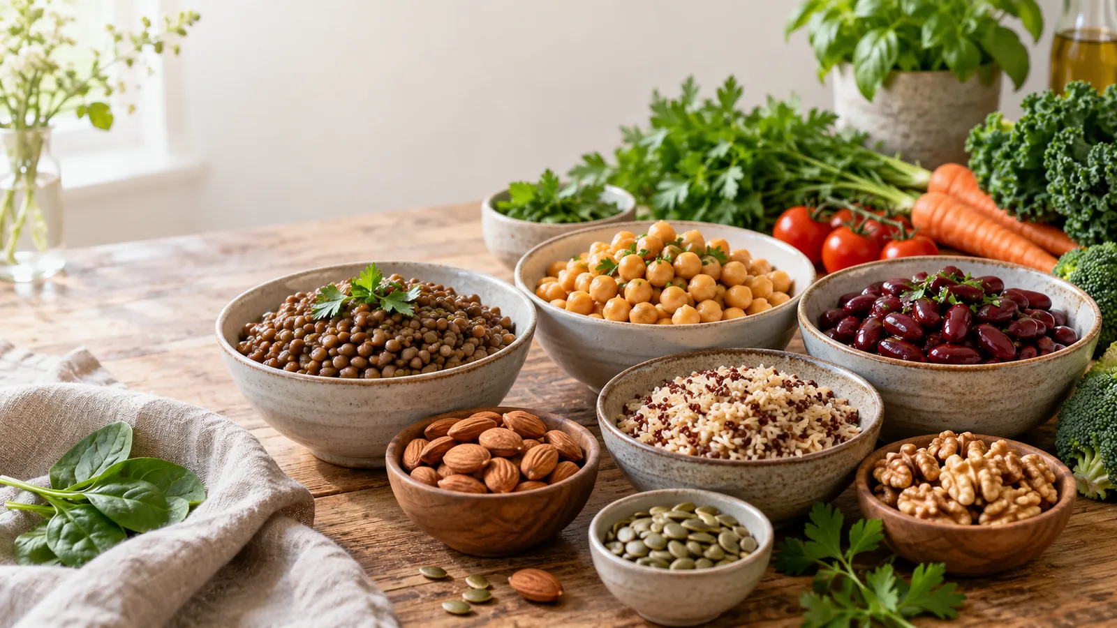Ciotole di lenticchie, ceci, fagioli, quinoa, mandorle e noci