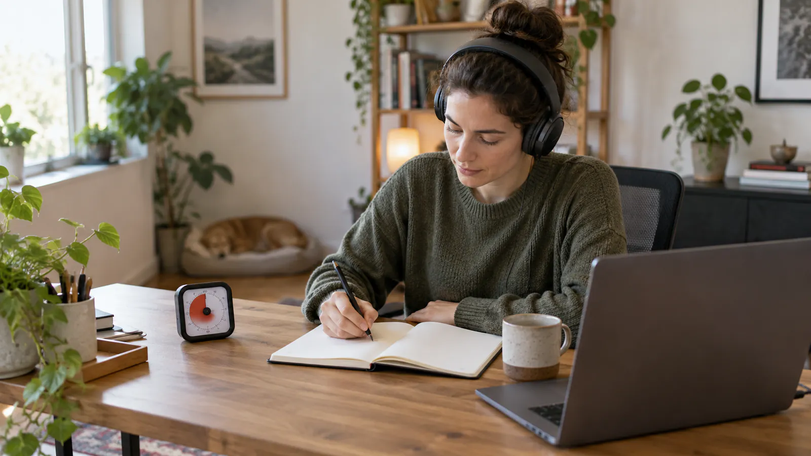 Una donna con le cuffie scrive su un quaderno alla scrivania accanto al computer portatile