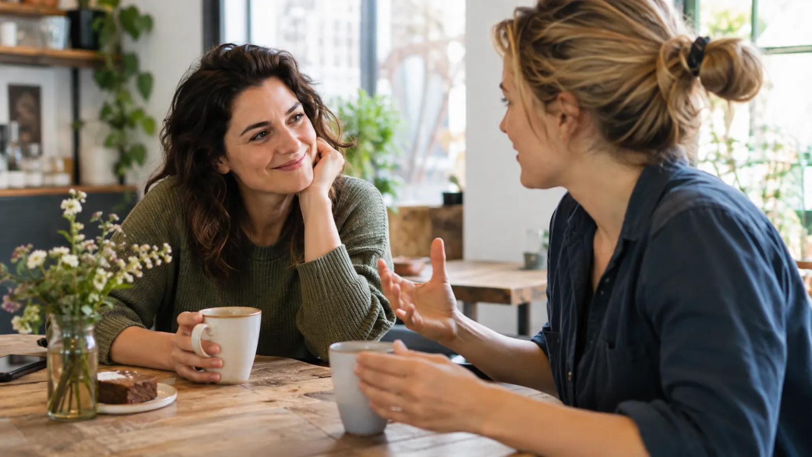 Due donne sorridono parlando al tavolino di un bar