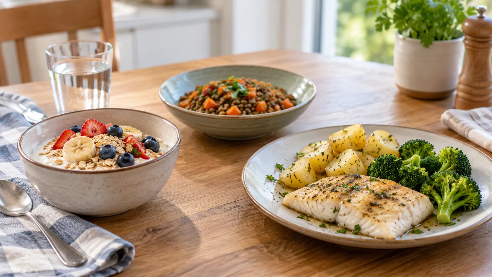 En tallerken med hvit fisk, poteter og brokkoli, med salat og bær ved siden av