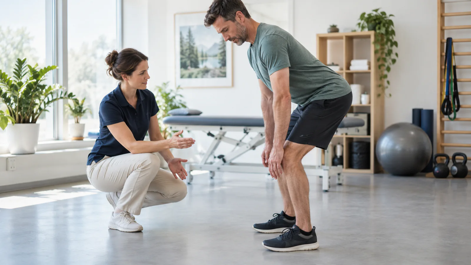 Una fisioterapista accompagna un paziente in una flessione controllata delle anche in ambulatorio