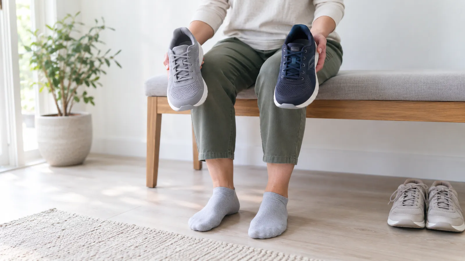 Persoon op een bankje trekt ruime schoenen aan
