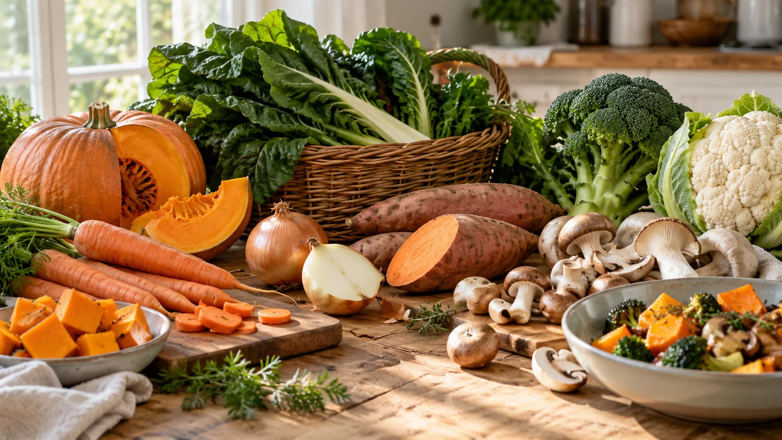 Calabaza, boniato, zanahoria, cebolla, acelgas, brócoli, coliflor y setas frescas sobre una mesa.