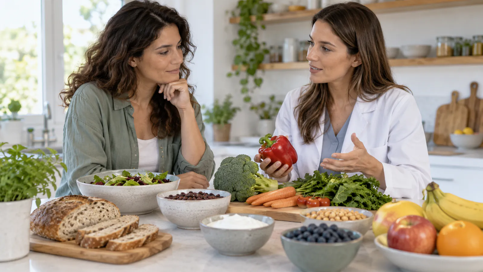 Una dietista e una paziente parlano di una selezione varia di alimenti in cucina