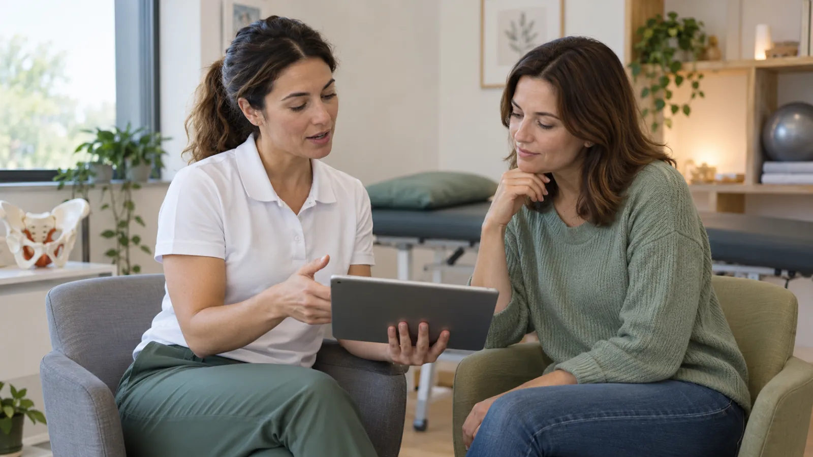 Uma fisioterapeuta mostra informações num tablet a uma paciente