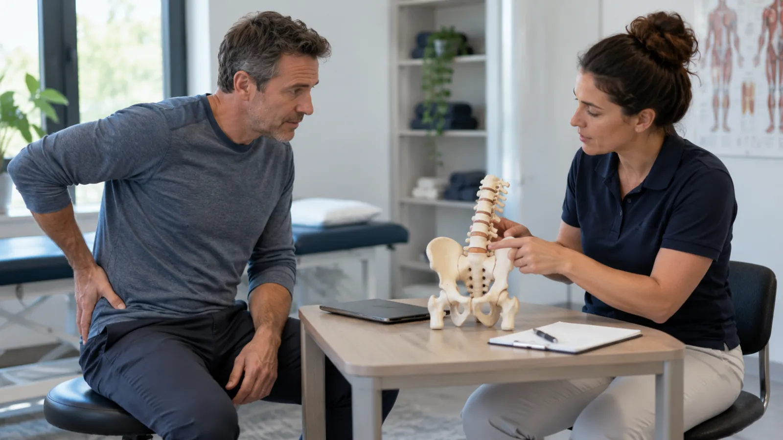 Fisioterapeuta mostra um modelo da coluna e da pelve a um homem