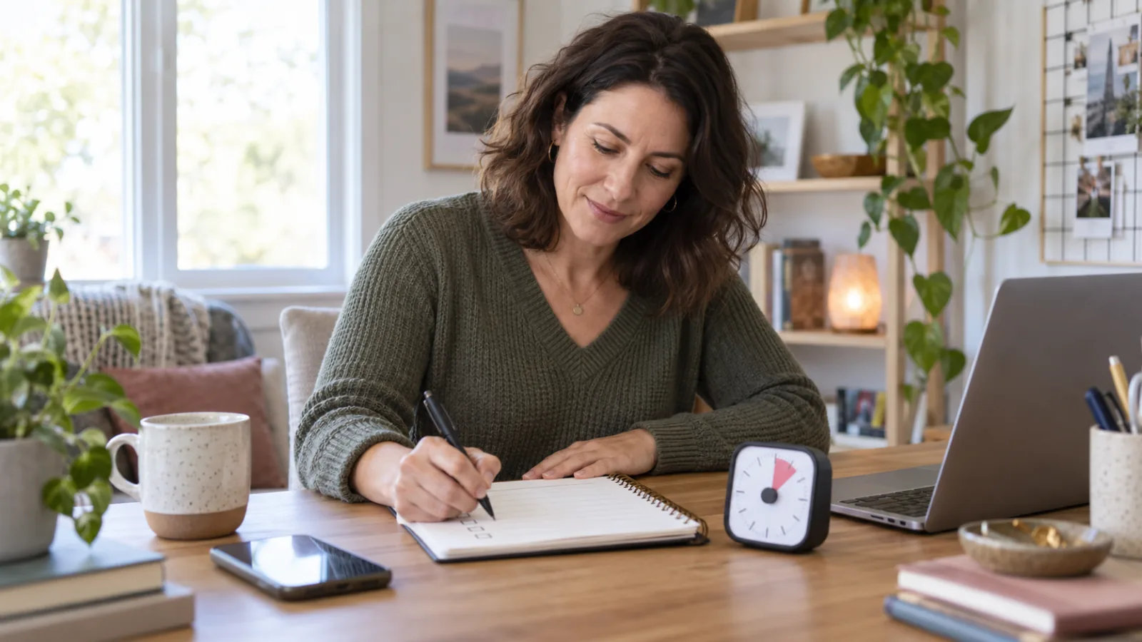 Una donna scrive su un’agenda alla scrivania accanto a un timer