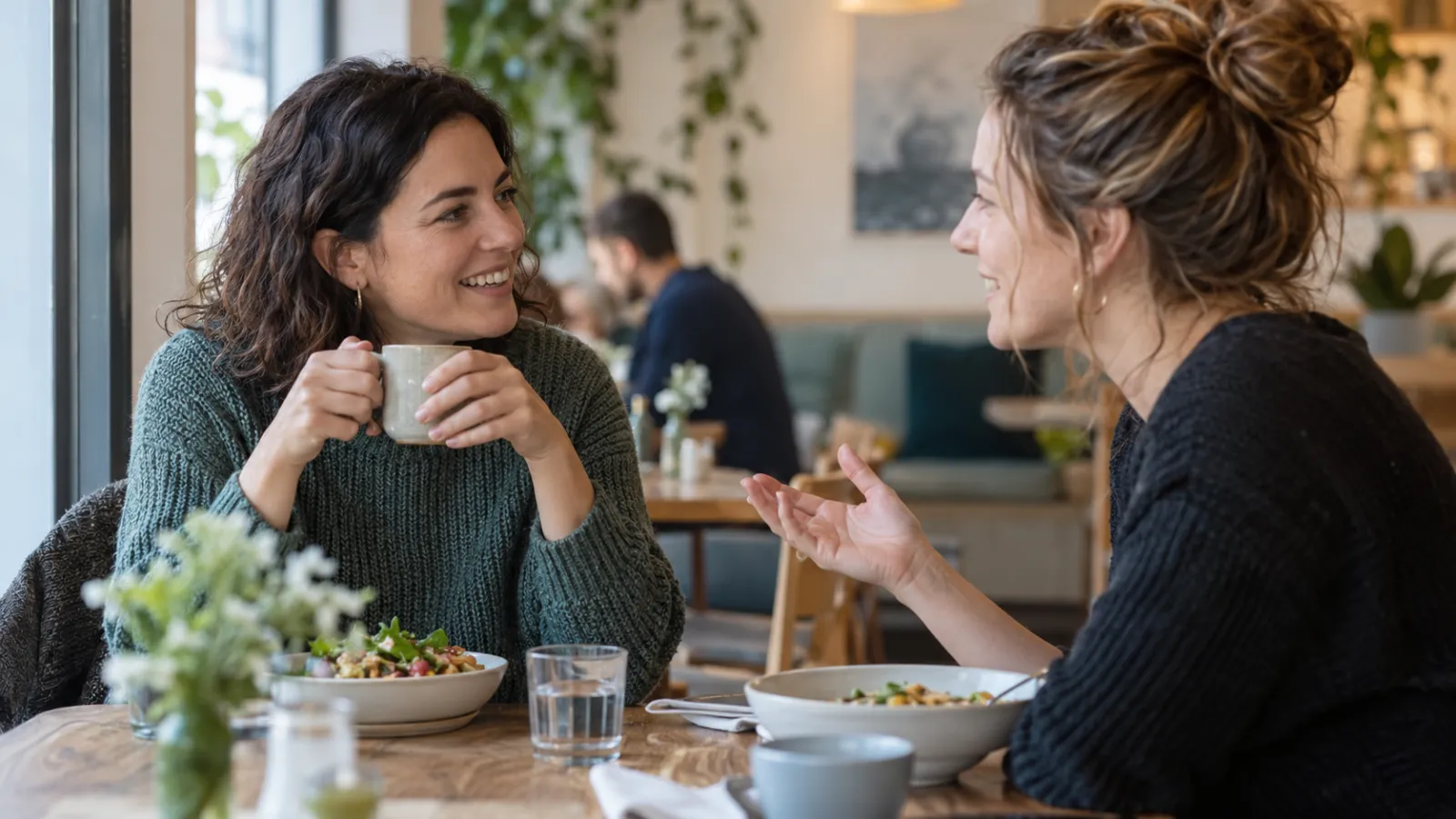 Två vuxna fikar och pratar tillsammans på ett café.