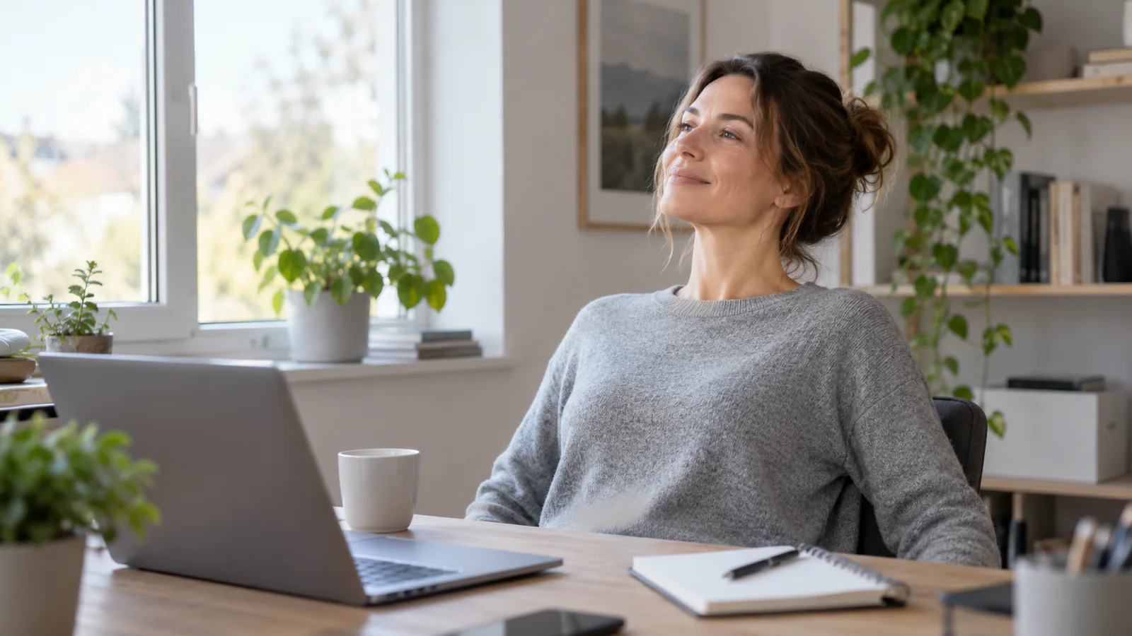 Una donna fa una breve pausa durante il lavoro al computer e distoglie lo sguardo dal portatile