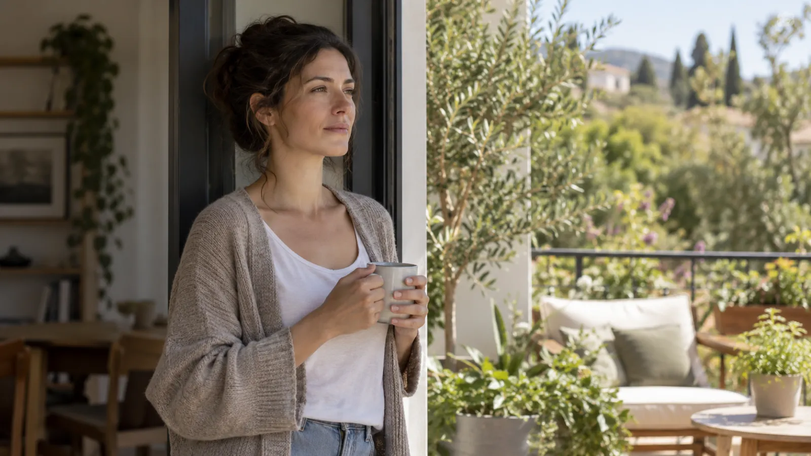 Una donna con una tazza in mano guarda fuori dal balcone con espressione calma