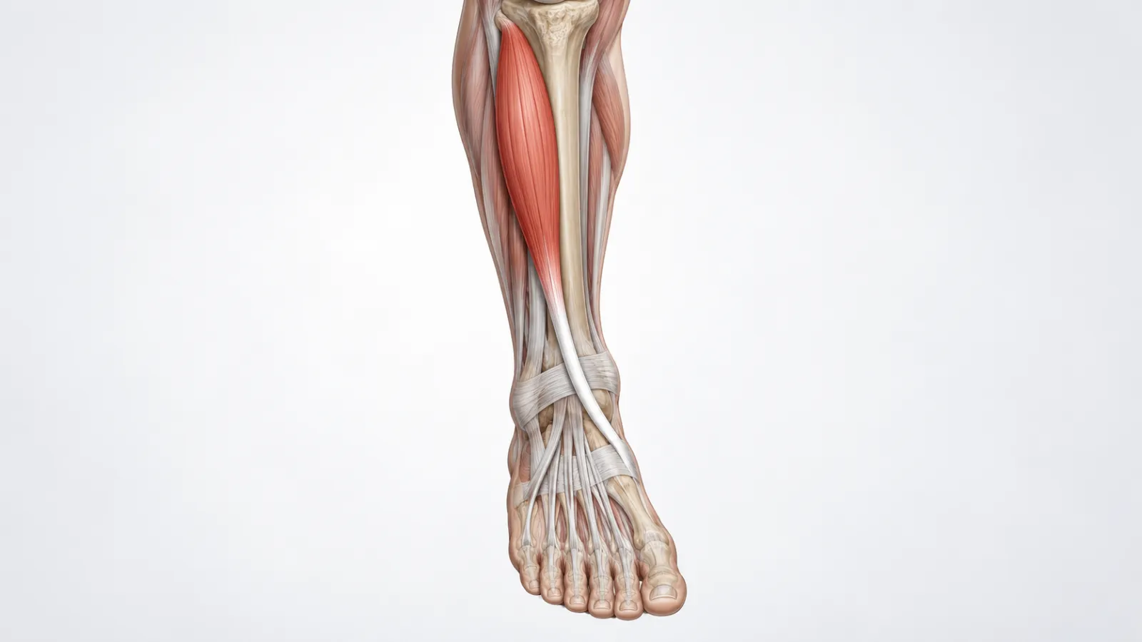 Esquema del tibial anterior y del tendón que cruza la parte delantera del tobillo.