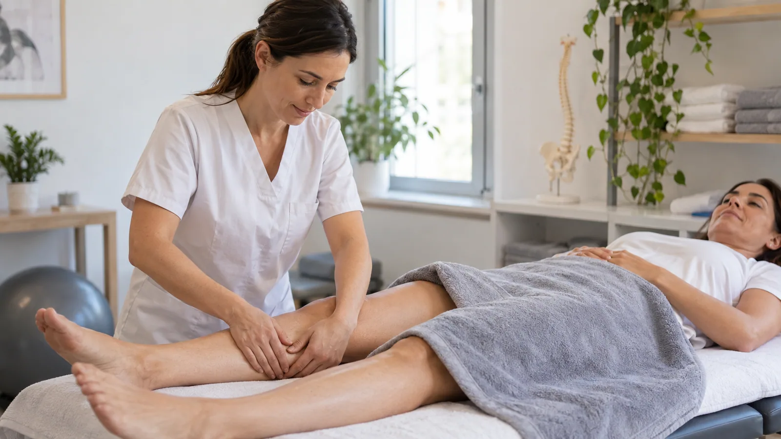Una terapista esegue un drenaggio linfatico manuale sulla gamba di una donna sdraiata