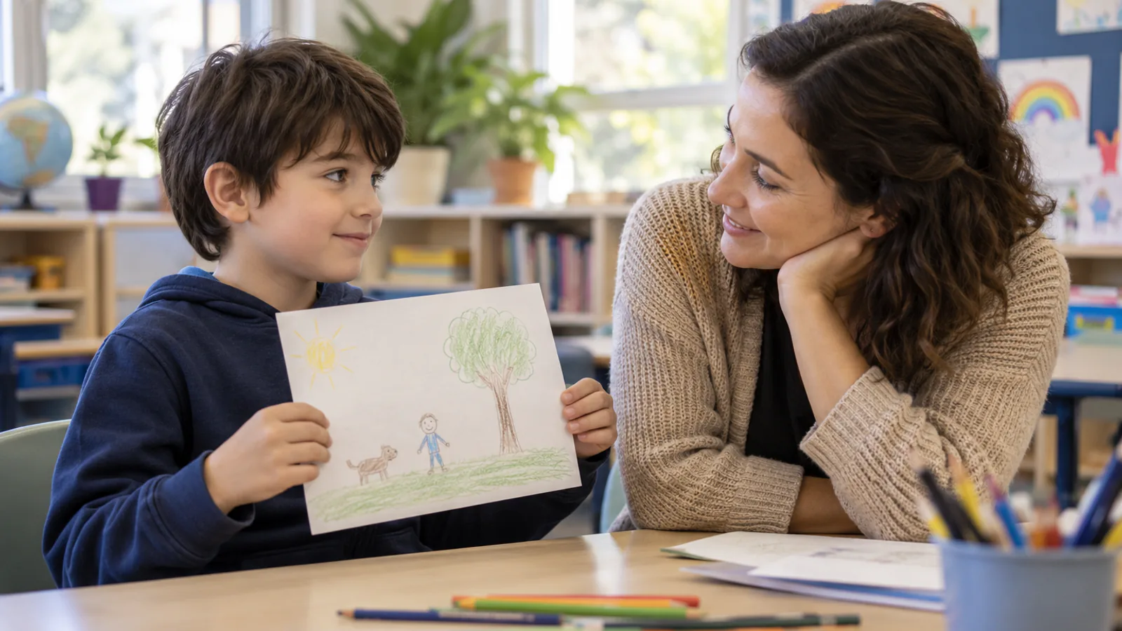 Un bambino mostra un disegno a un’insegnante che lo ascolta con pazienza in classe
