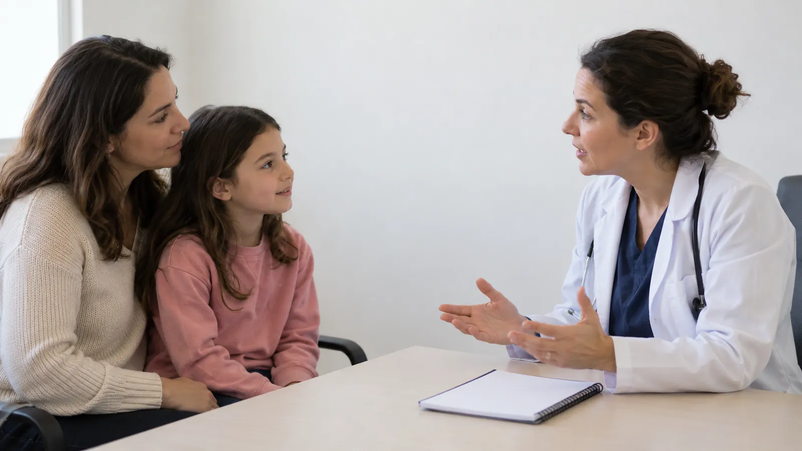 Uma otorrinolaringologista conversa com uma mãe e a filha durante uma consulta