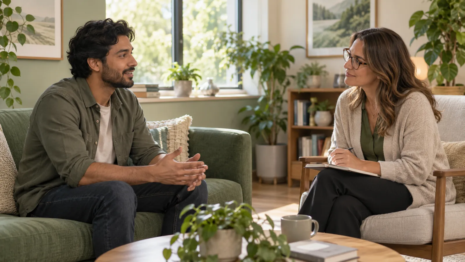 Homem e mulher conversam sentados em duas poltronas