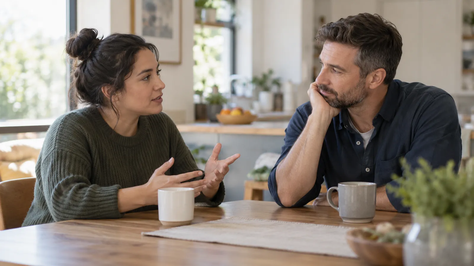 Um adulto escuta com atenção outro que fala em casa, com uma xícara de chá