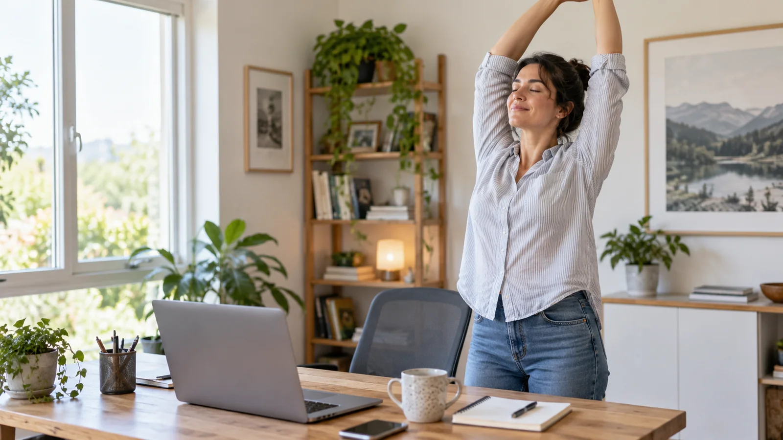 Una donna alla scrivania allunga le braccia verso l’alto facendo una pausa dal lavoro al computer