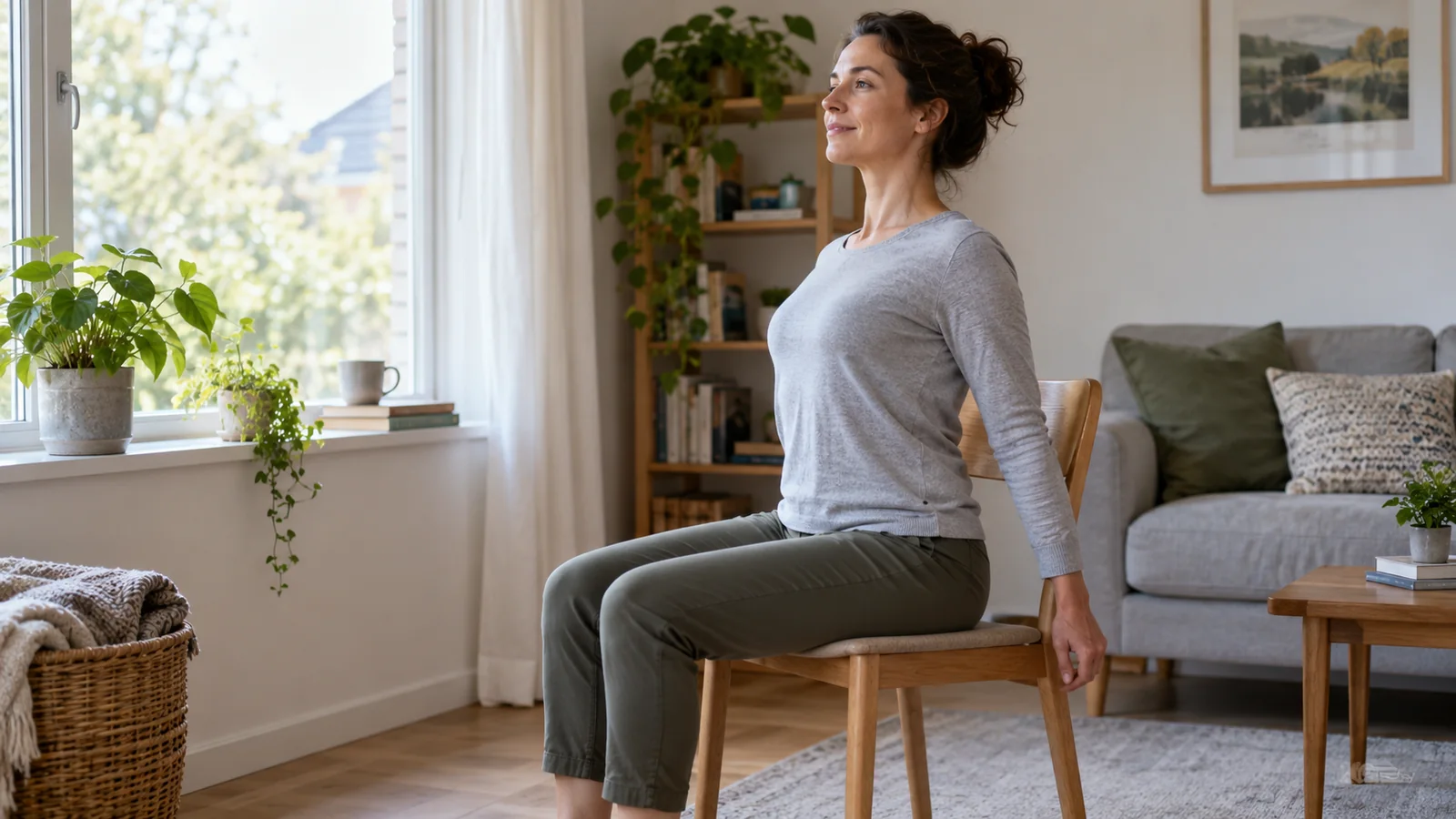 Uma pessoa adulta sentada e direita leva as escápulas para trás numa sala clara