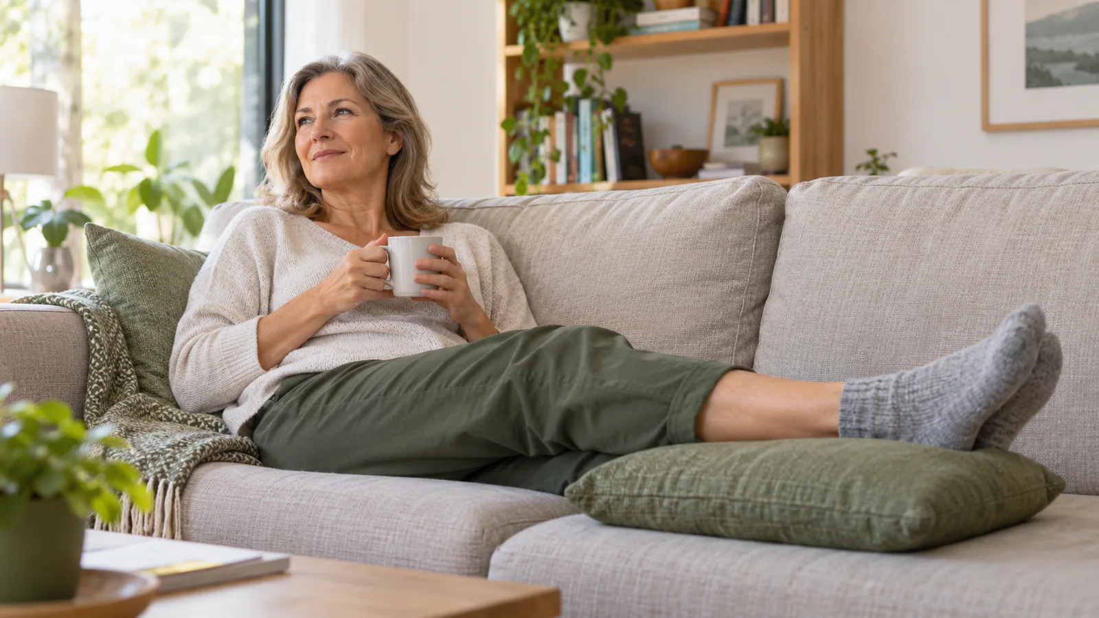 Una donna riposa sul divano con le gambe distese
