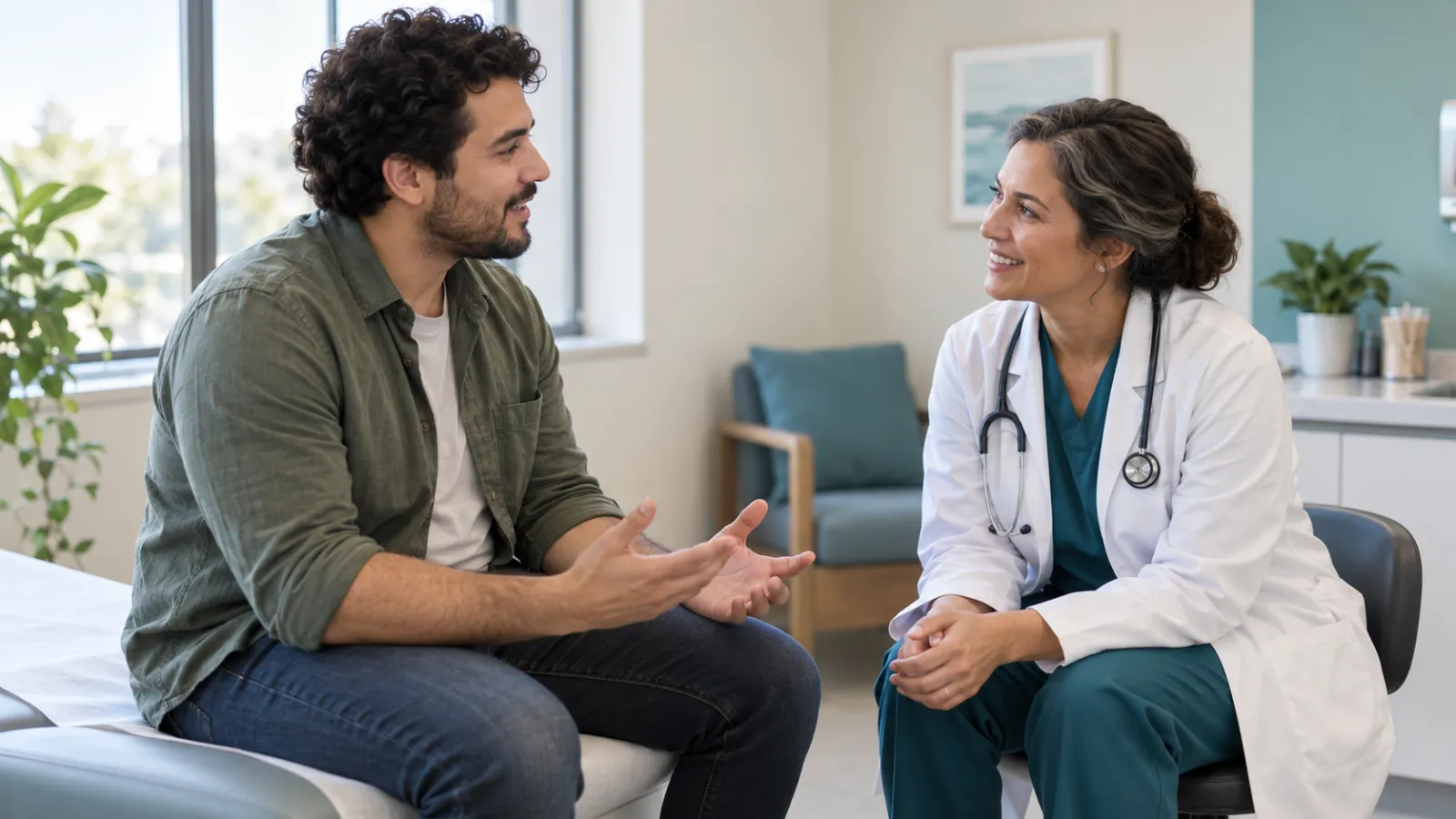 Profesional sanitaria escucha a una persona adulta durante una consulta.