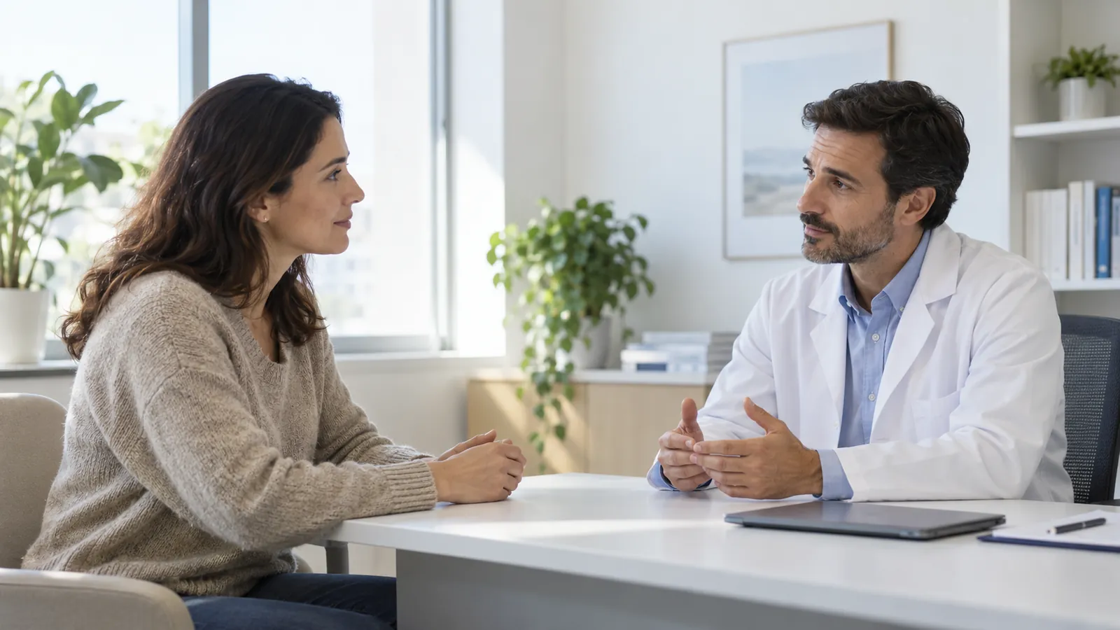 Patientin schildert einem Arzt im Sprechzimmer ihre Beschwerden