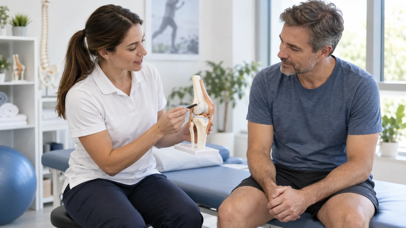 Una fisioterapeuta explica las partes de la rodilla con una maqueta anatómica.