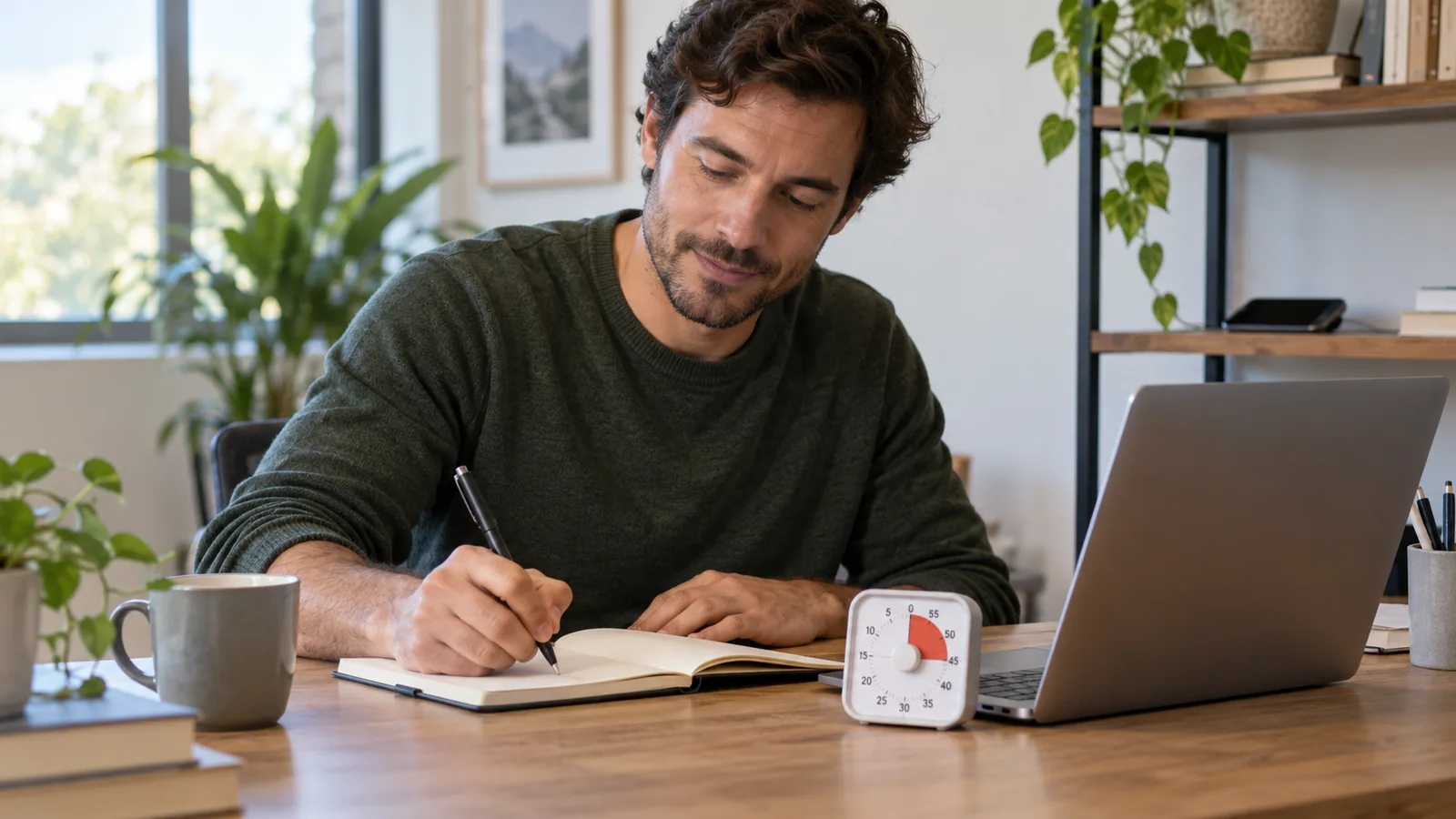 Un uomo scrive su un quaderno alla scrivania con un timer accanto al portatile