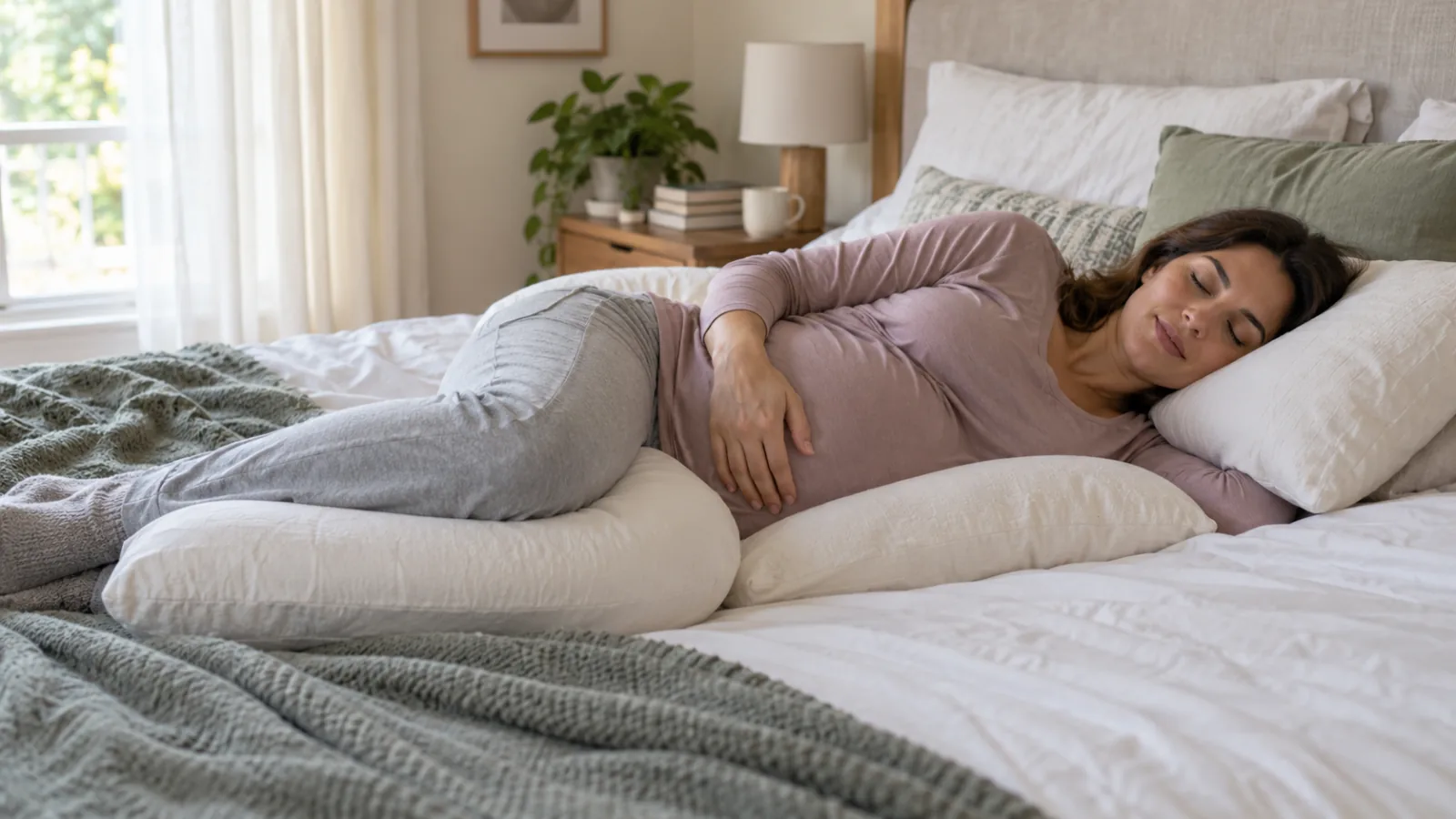 Gravid person som vilar med kudde som stöd