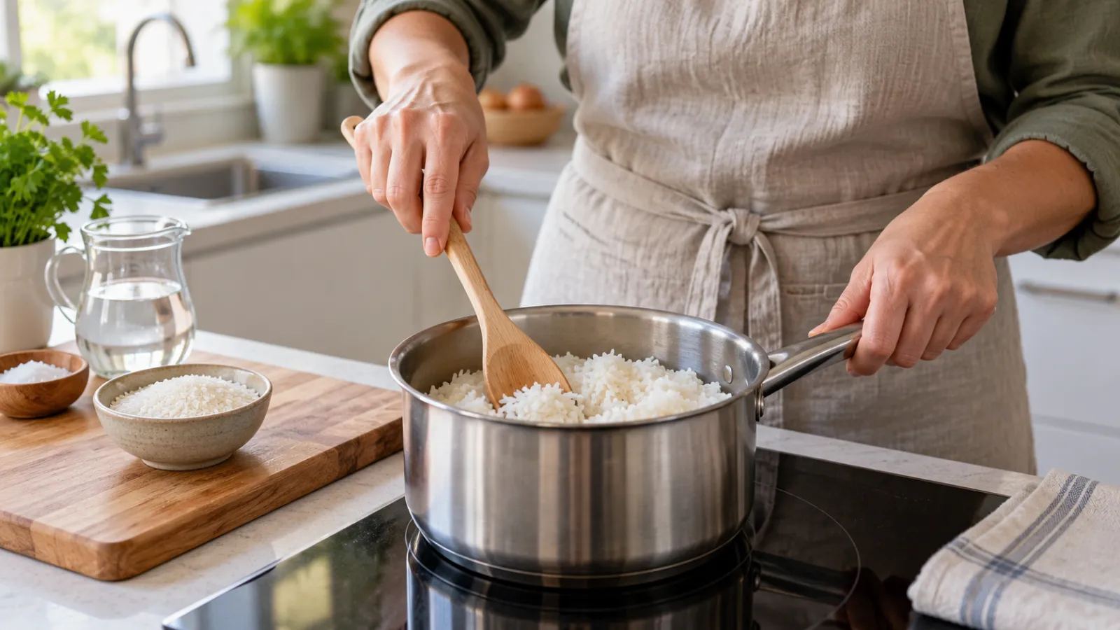 Persona adulta cocina arroz en una olla limpia en su cocina.