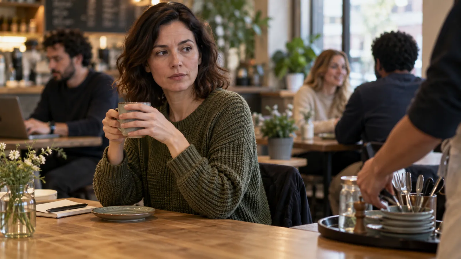 Persona adulta hace una pausa en una cafetería concurrida mientras sostiene una taza.