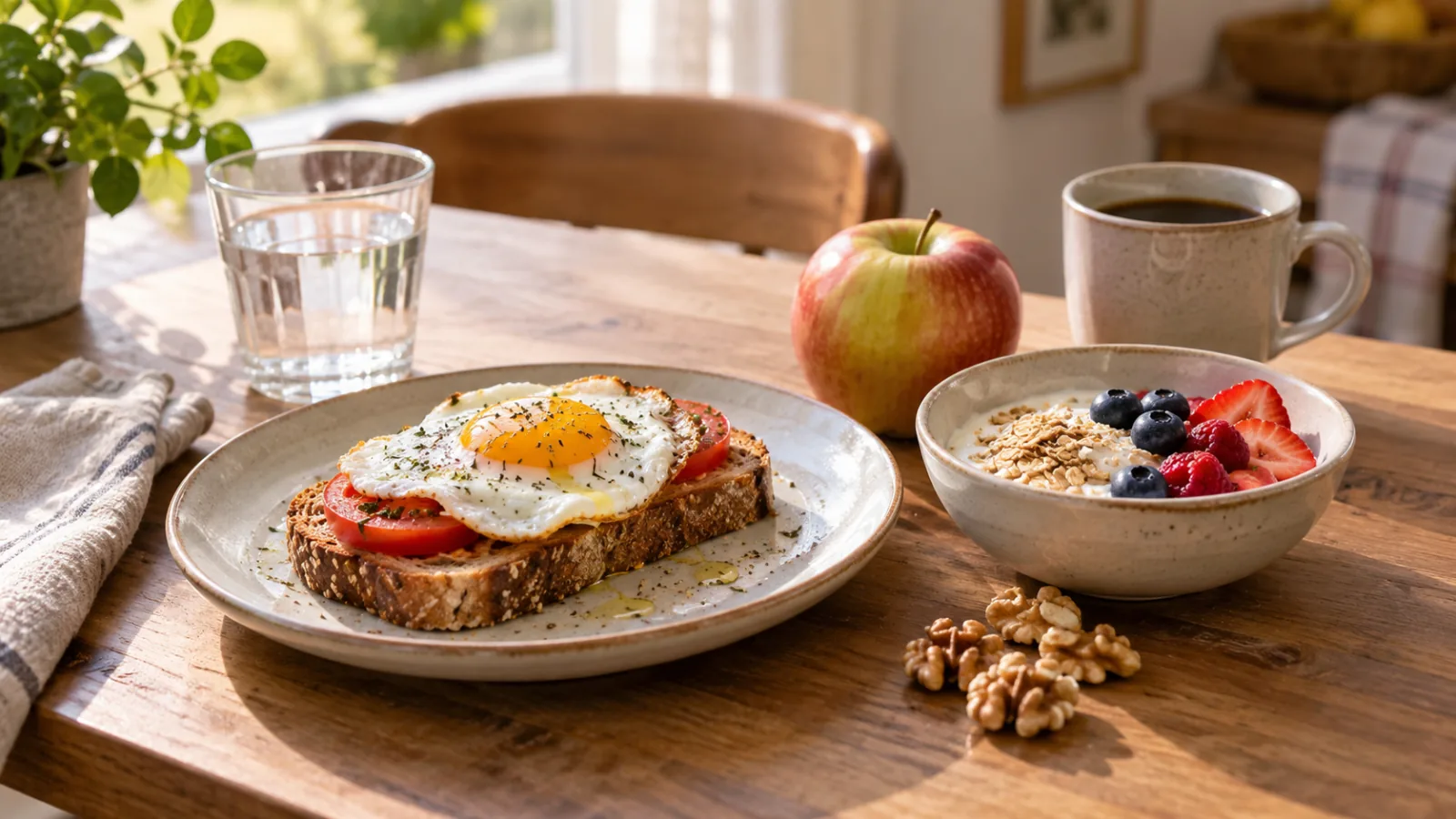 Desayuno en mesa de madera con tostada integral de tomate y huevo, yogur con avena y fruta, nueces, agua y café.