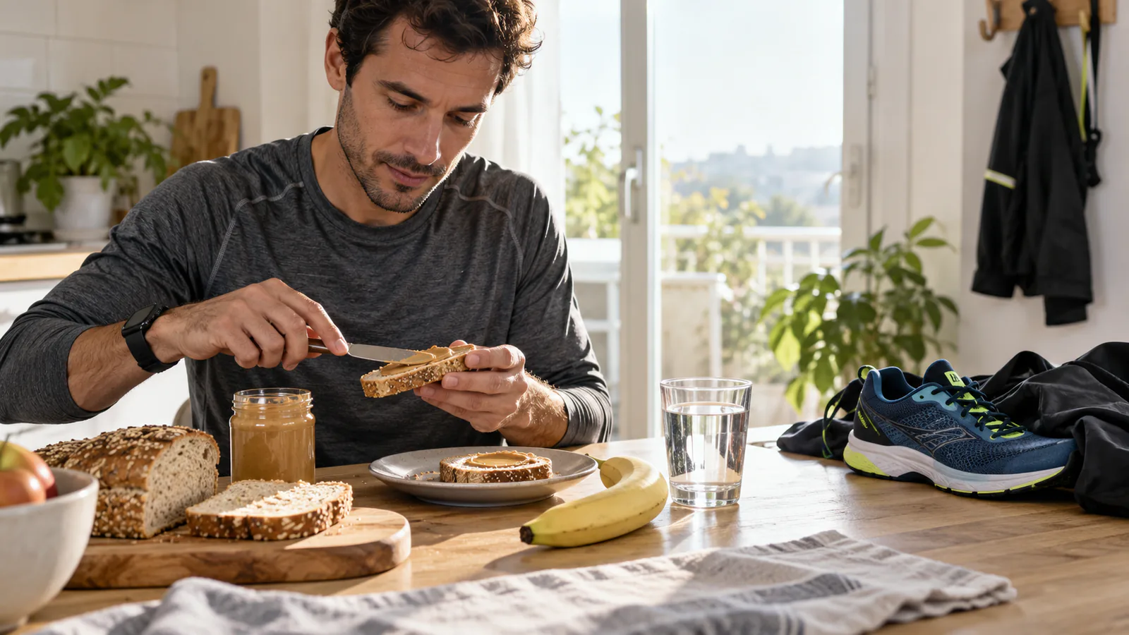 Un corredor prepara una tostada y un plátano en casa antes de salir a entrenar.