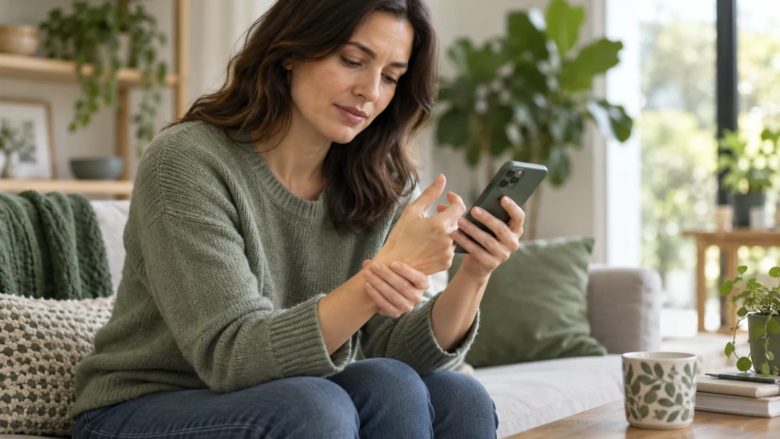 Kvinne holder en mobiltelefon og kjenner på tommelen