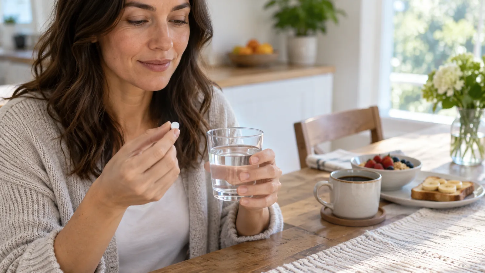 Uma pessoa adulta toma um comprimido com água, com o café da manhã e o café na mesa