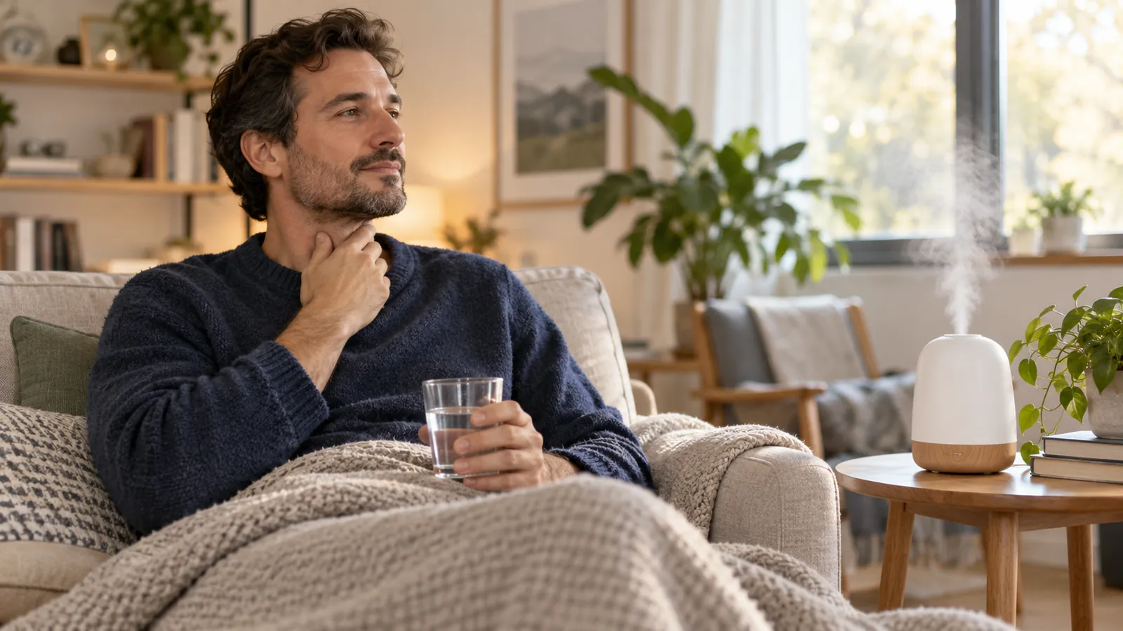 Un uomo risparmia la voce e beve acqua in una stanza con l’aria umidificata