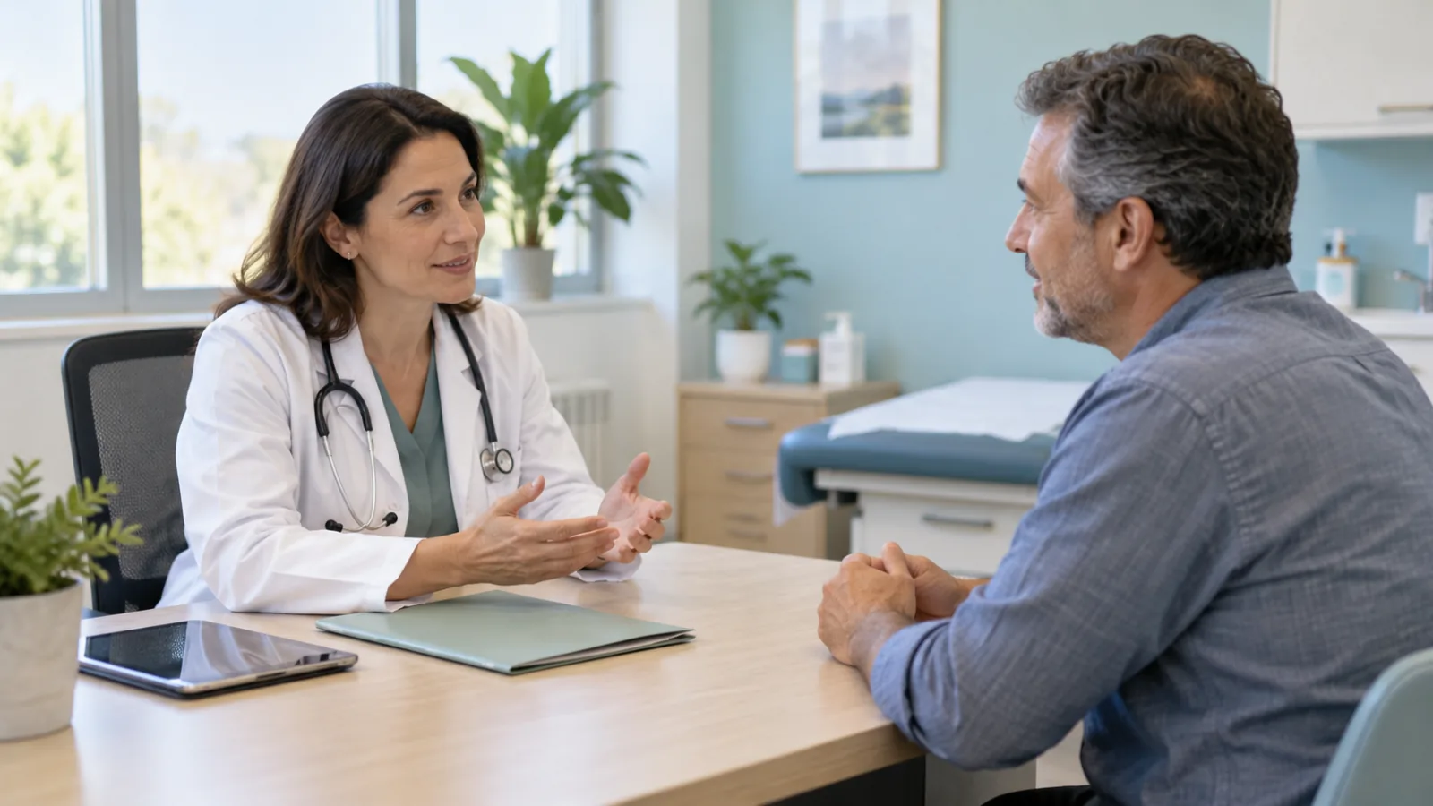 Un médico conversa con un paciente durante una consulta de salud.