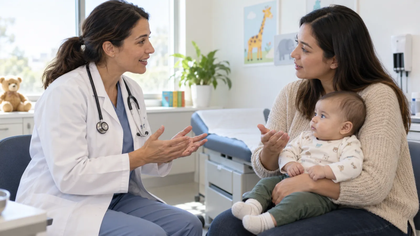 Pediatra conversa con una madre que sostiene a su bebé durante una consulta.