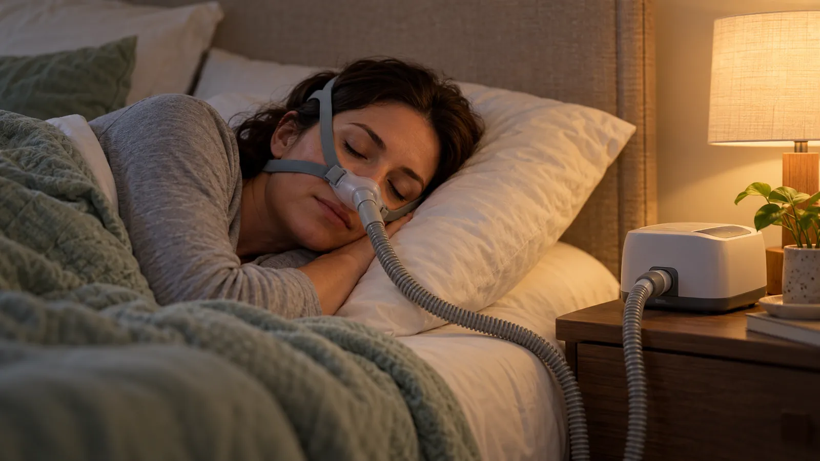 Una donna dorme con una maschera CPAP collegata a un apparecchio vicino al letto