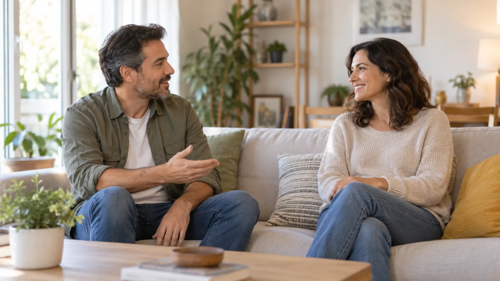 Dos personas adultas conversan con calma en un salón luminoso.