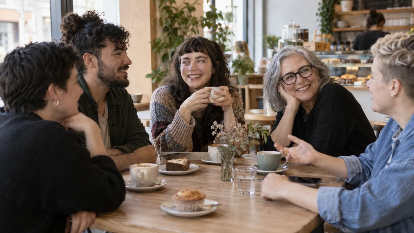 Varias personas adultas comparten una conversación distendida en una cafetería.