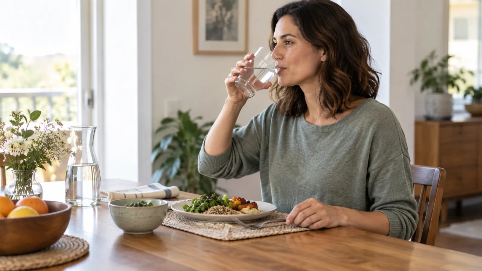 Una donna beve un bicchiere d’acqua seduta davanti a un piatto di verdure