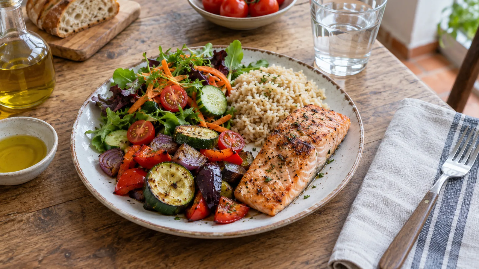 Plato casero con verduras, salmón y arroz integral servido en una mesa.